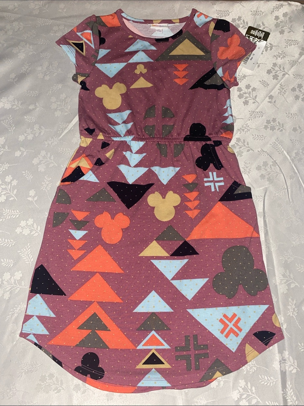 LuLaRoe Girls Short Sleeve Mae Dress with Minnie Mouse / Triangle Print Size 10